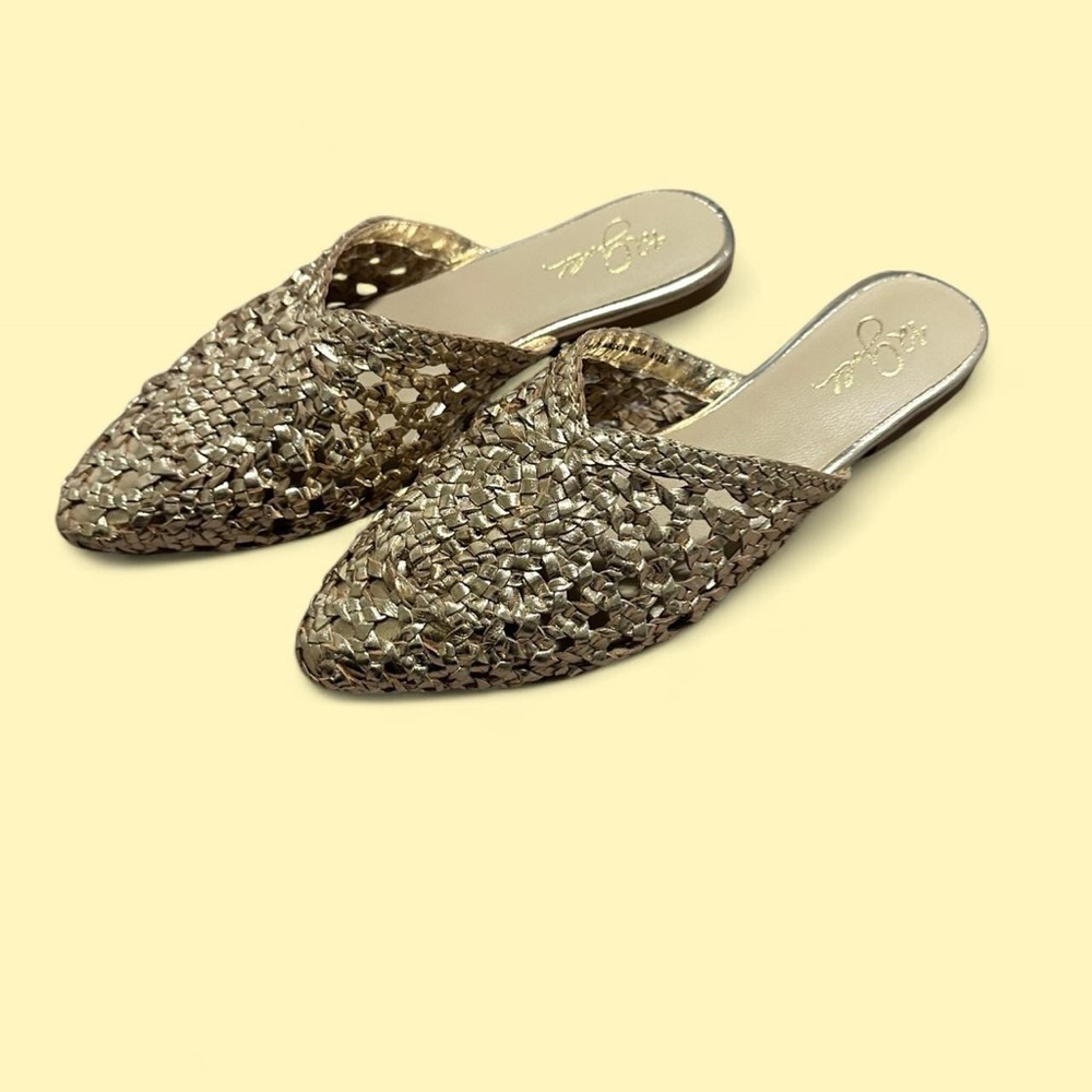 Elegant Gold Leather Woven Mules, Size 7